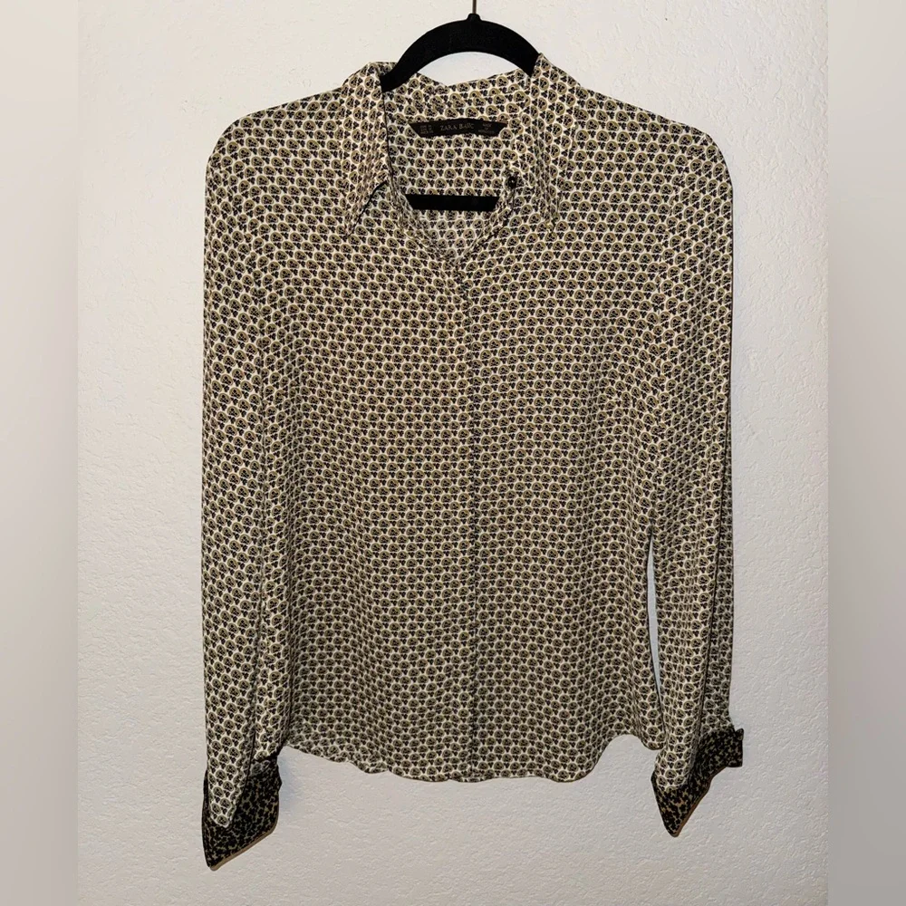 Zara Patterned Button Up Shirt Black Gold Tan White - Picture 2 of 6